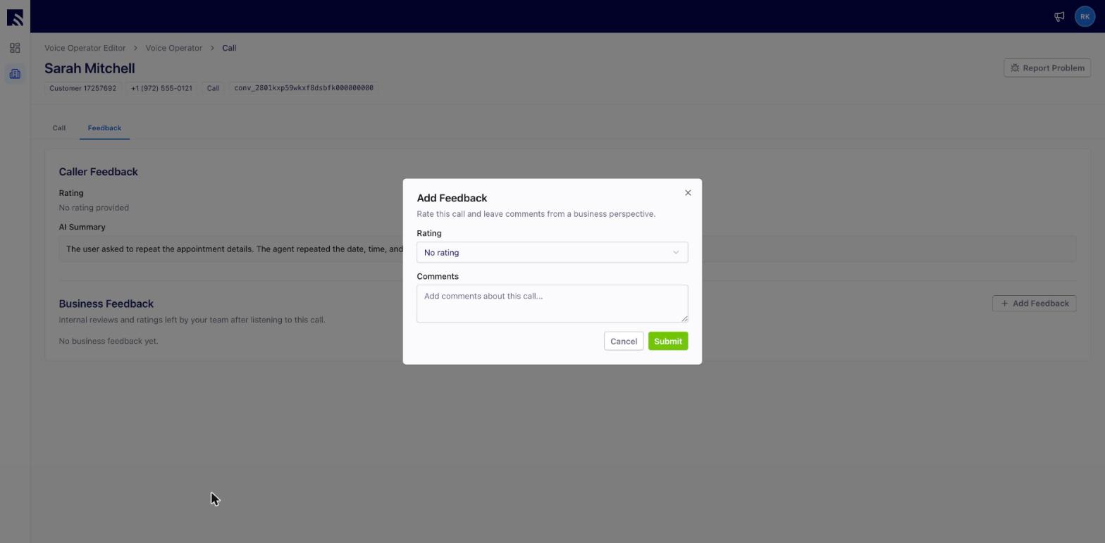 Add Feedback modal for rating a call from a business perspective with a rating and comments field