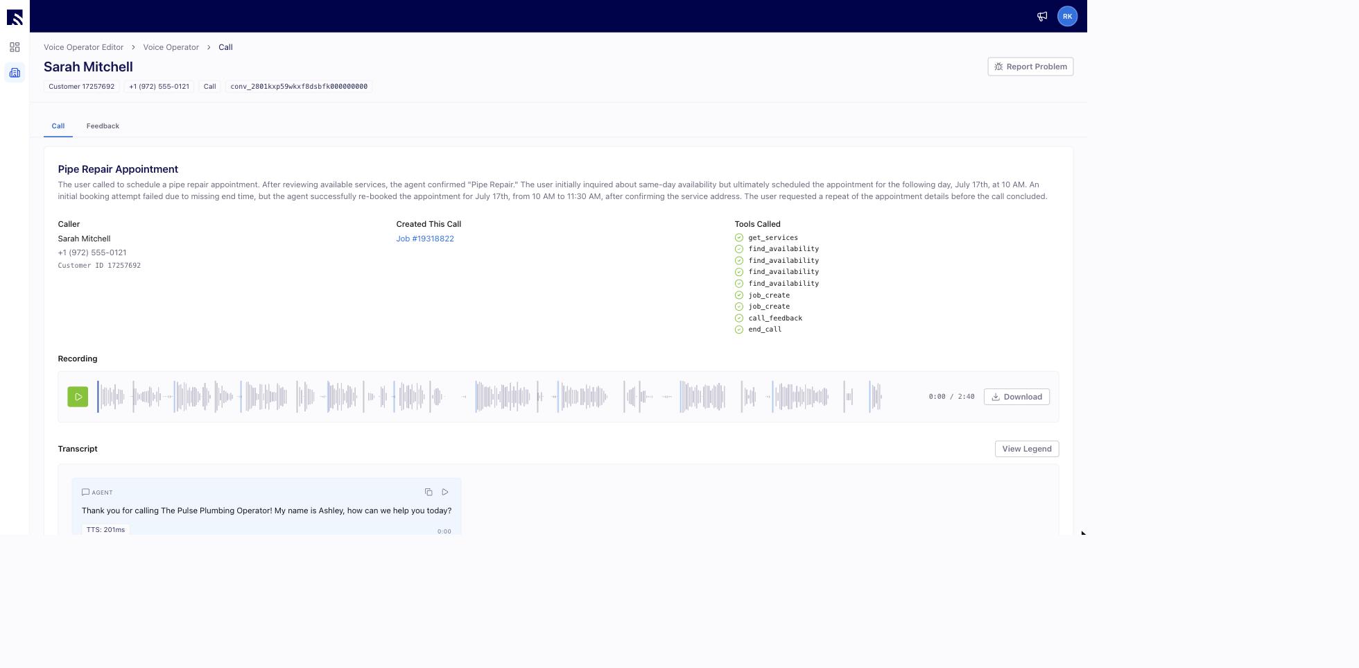 Operator AI Call tab with the plain-English call summary, caller details, the Created This Call link to the booked job, and the Tools Called list