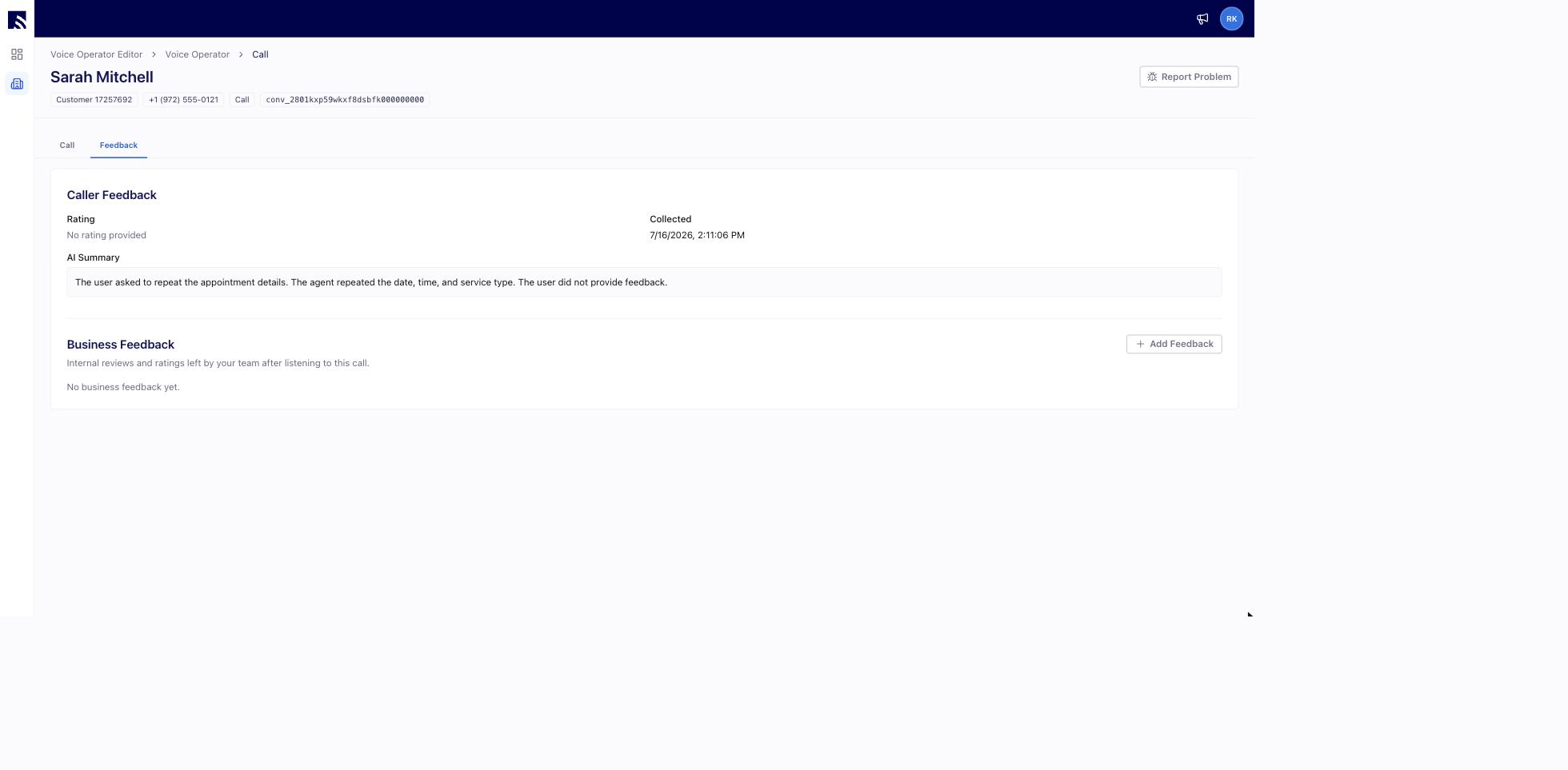 Operator AI Feedback tab showing the caller's rating and comments alongside internal Business Feedback and an Add Feedback button