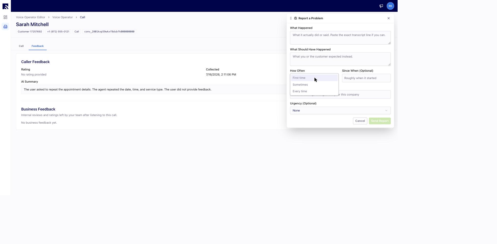 Report Problem panel with the How Often and Urgency dropdowns expanded to show their options