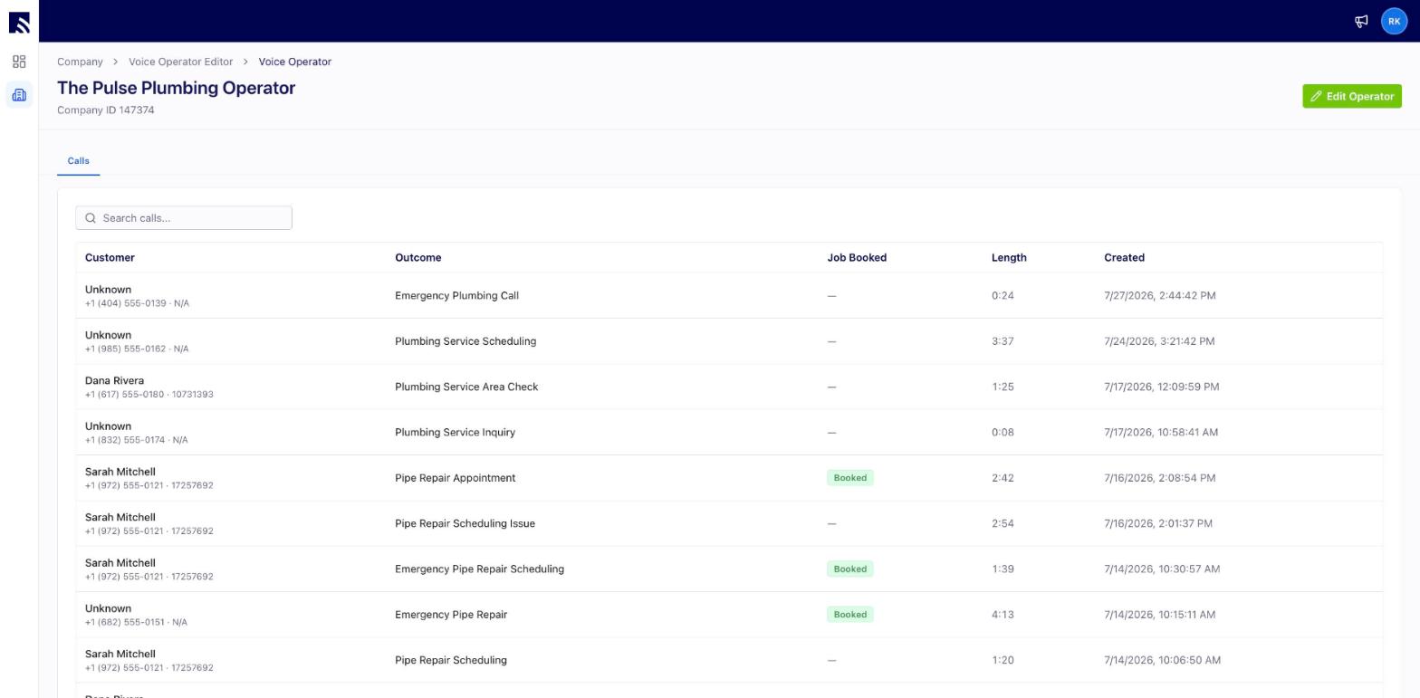 Operator AI calls list showing each caller's name and ID, the auto-generated outcome summary, a Booked badge, call length, and time