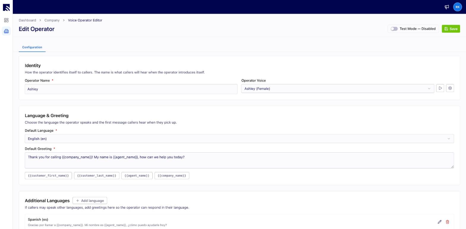 Voice operator editor Identity section with the Operator Name field, Operator Voice picker, and the Language & Greeting settings