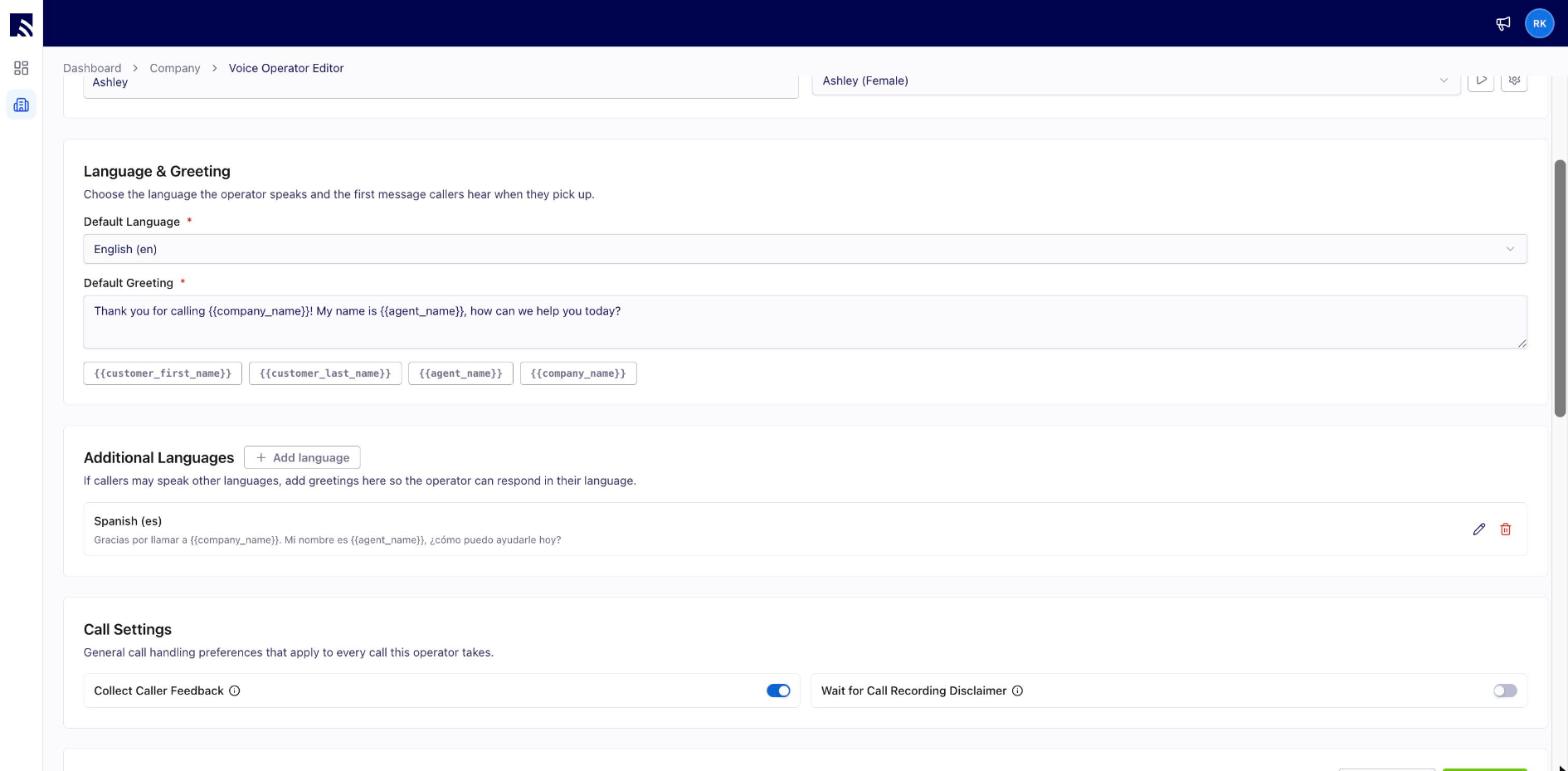 Voice operator editor showing Additional Languages selection and the Call Settings toggles for Collect Caller Feedback and Wait for Call Recording Disclaimer