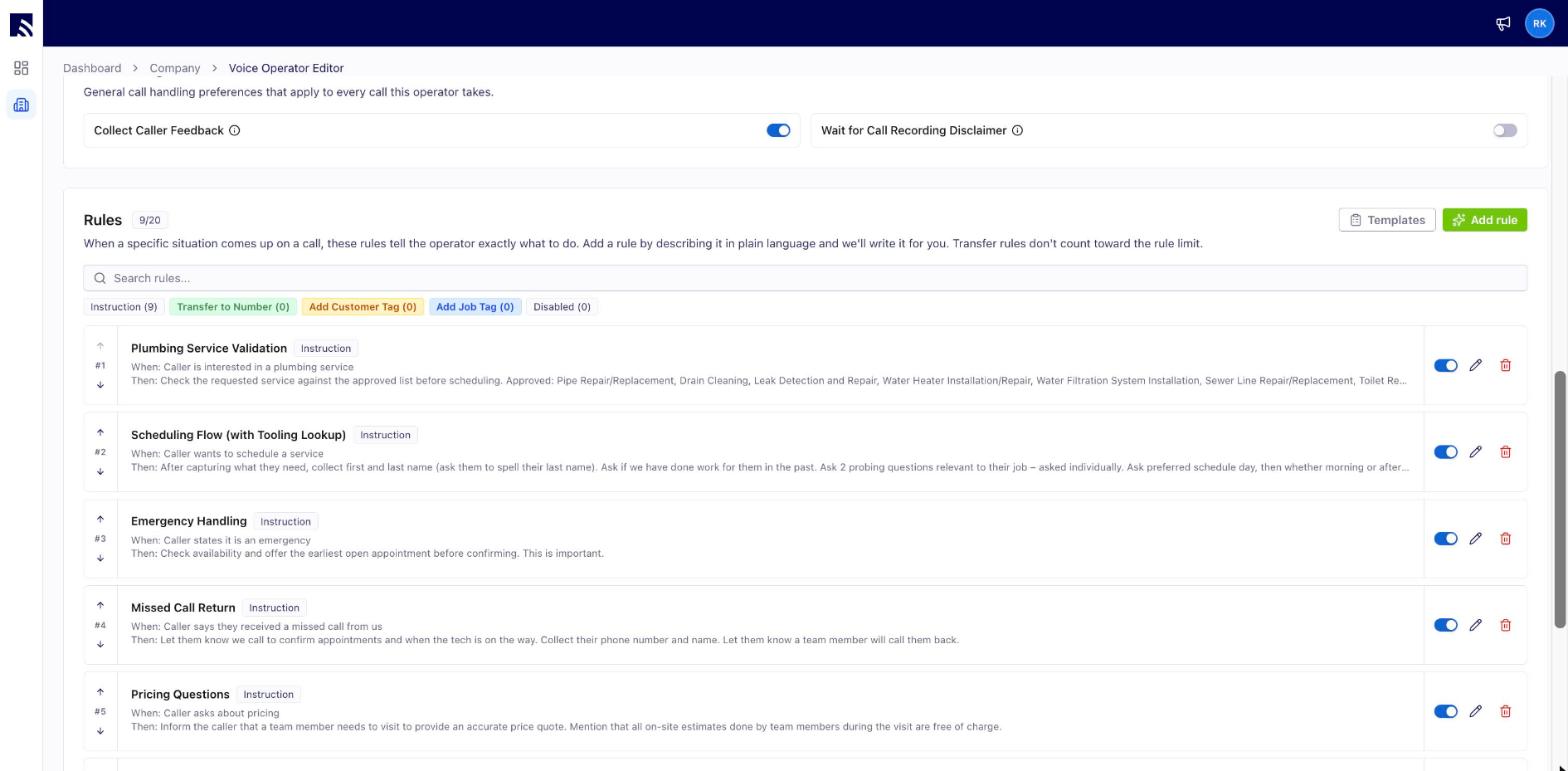 Rules section of the voice operator editor listing configured rules with toggles to enable, reorder, edit, and delete them, and the Add rule and Templates buttons