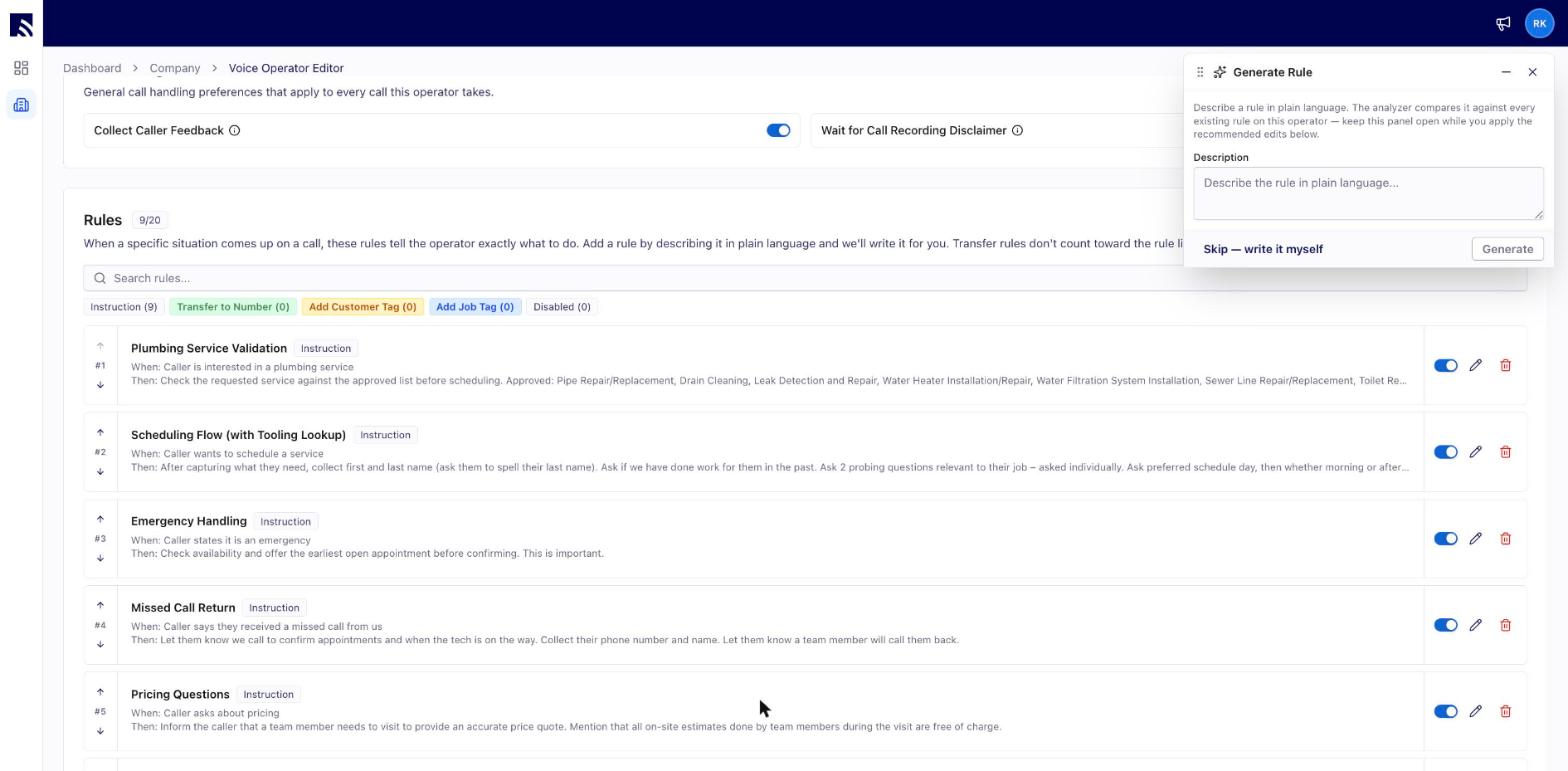 Generate Rule panel where you describe a rule in plain language for Operator AI to write and check against existing rules
