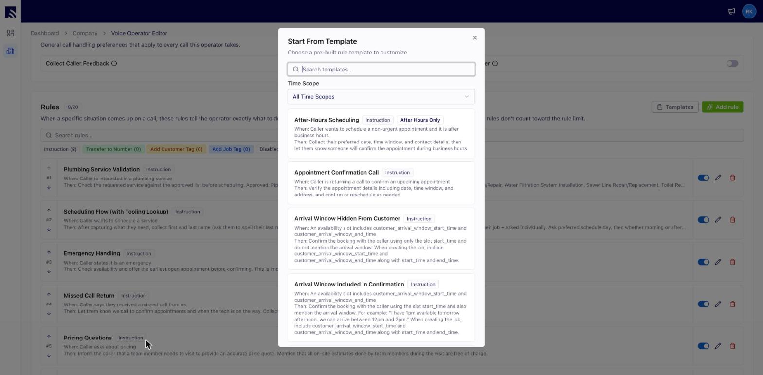 Rule templates modal listing searchable, filterable pre-built rules such as emergency escalation and cancellation requests