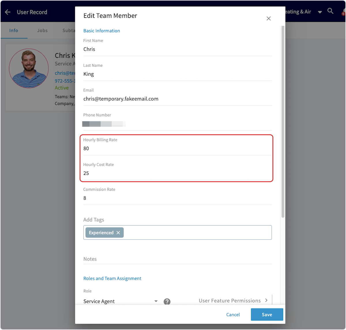 The Edit Team Member window on a user record, with the Hourly Billing Rate set to 80 and the Hourly Cost Rate set to 25 highlighted above the Commission Rate field