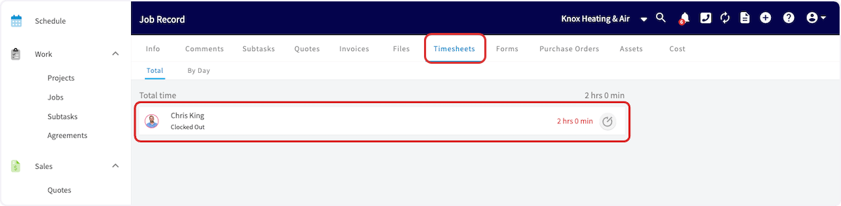 The Timesheets tab of a job record showing the Total view with 2 hrs 0 min of total time and one clocked-out entry for the assigned technician