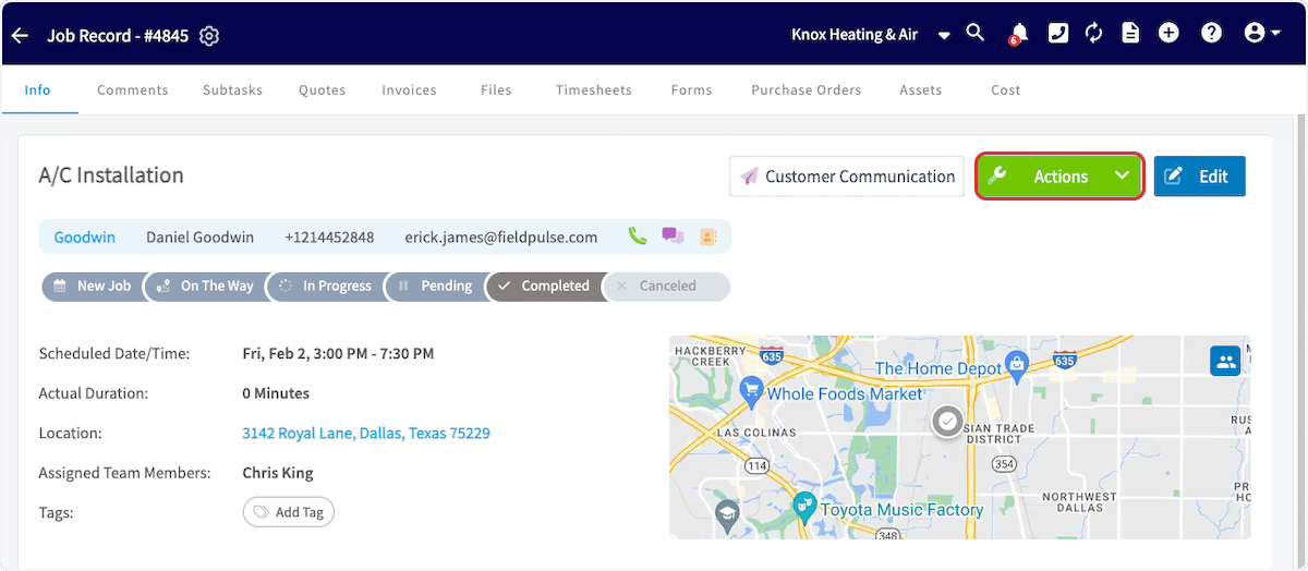 A completed job record's Info tab with the green Actions button highlighted next to Customer Communication and Edit
