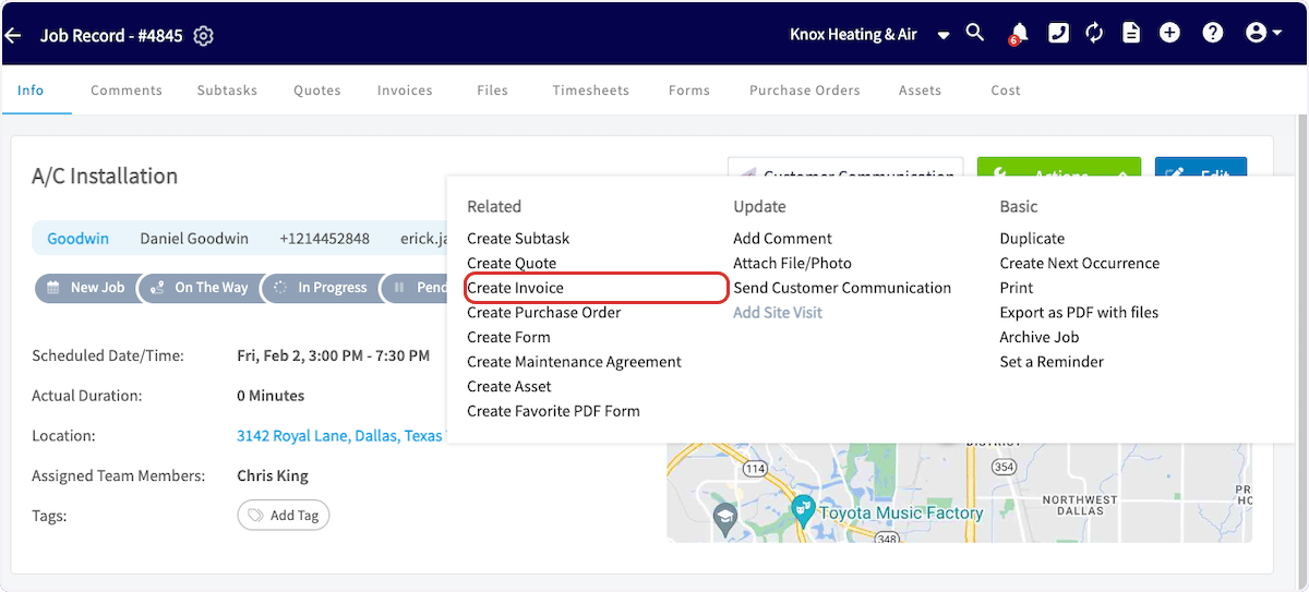 The open Actions menu on the job record with Create Invoice highlighted under the Related column