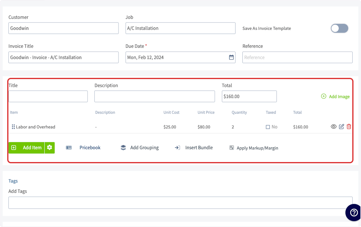 An invoice record's line item table showing Labor and Overhead with a $25.00 unit cost, an $80.00 unit price, a quantity of 2, and a $160.00 total
