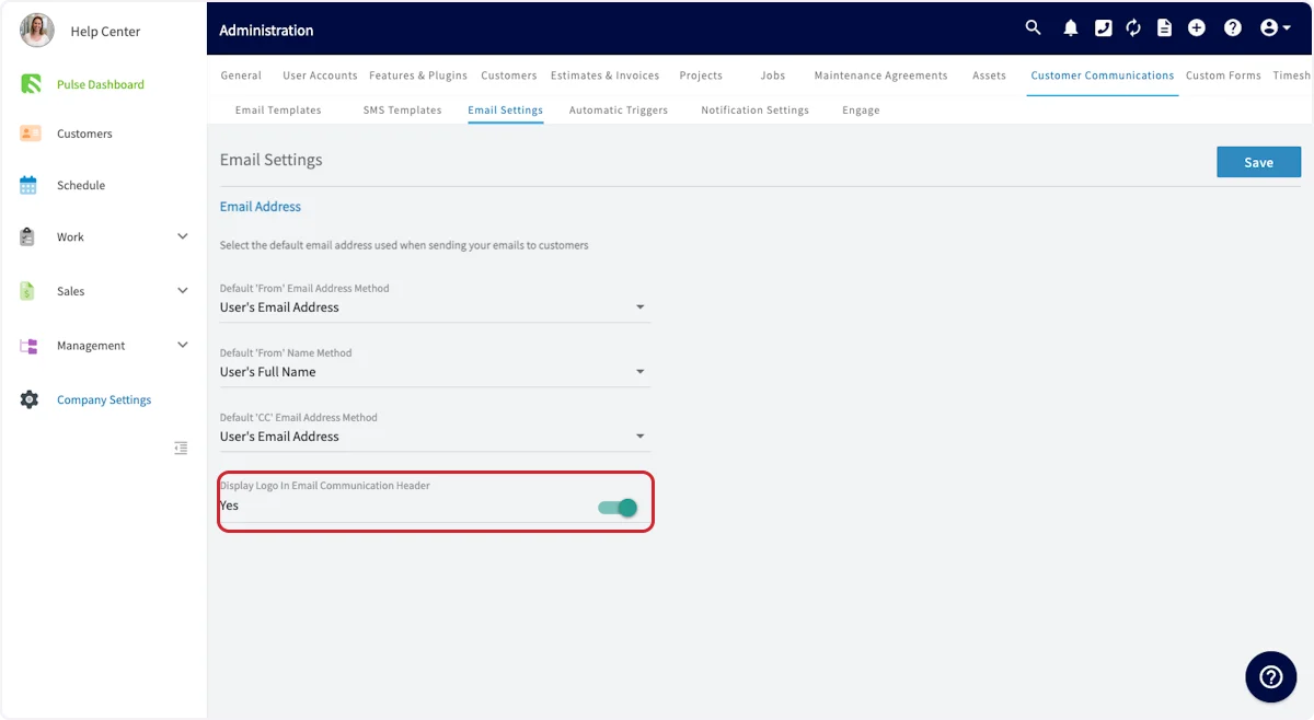 Click on Display Logo In Email Communication Header Yes