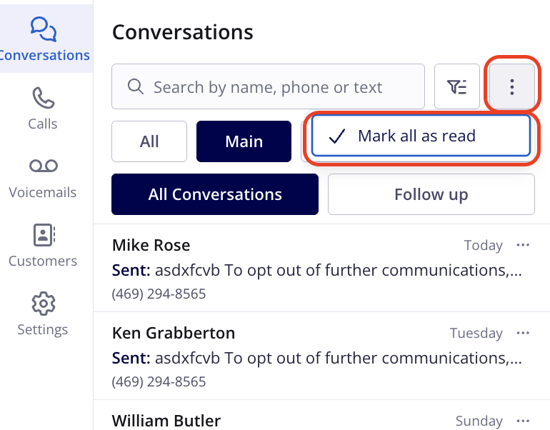 The Mark all as read option in the menu that opens from the three-dot icon next to the filter icon on the Engage Conversations page, with the three-dot icon and Mark all as read highlighted