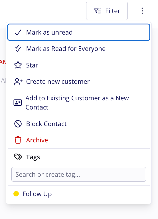 The three-dot menu next to the Filter button on an open Engage conversation, with Mark as Read for Everyone and its double-check icon listed directly under Mark as unread