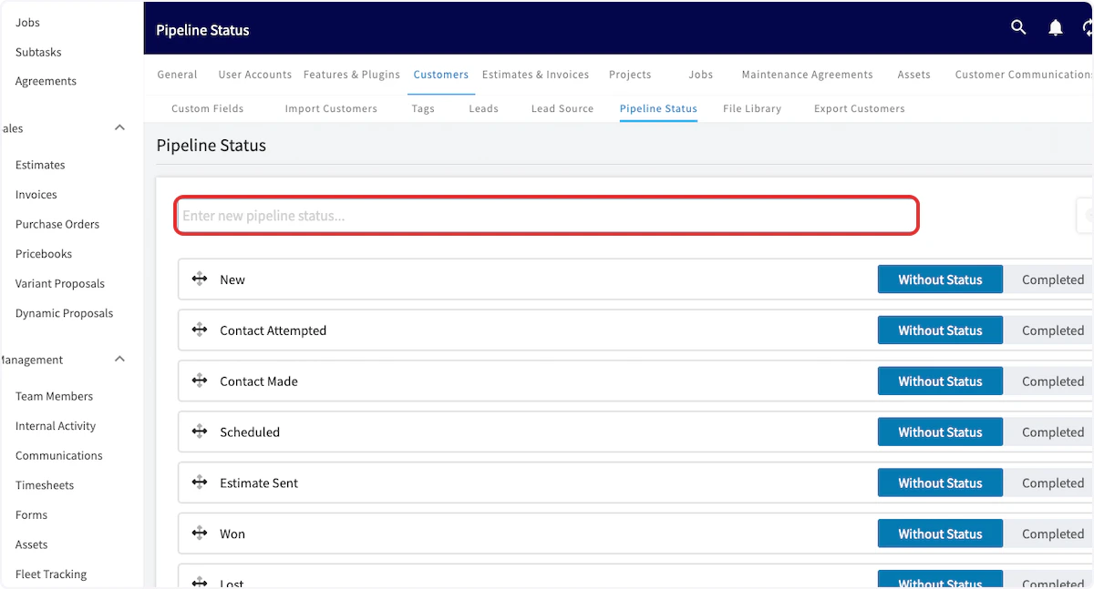 Click on Enter new pipeline status...