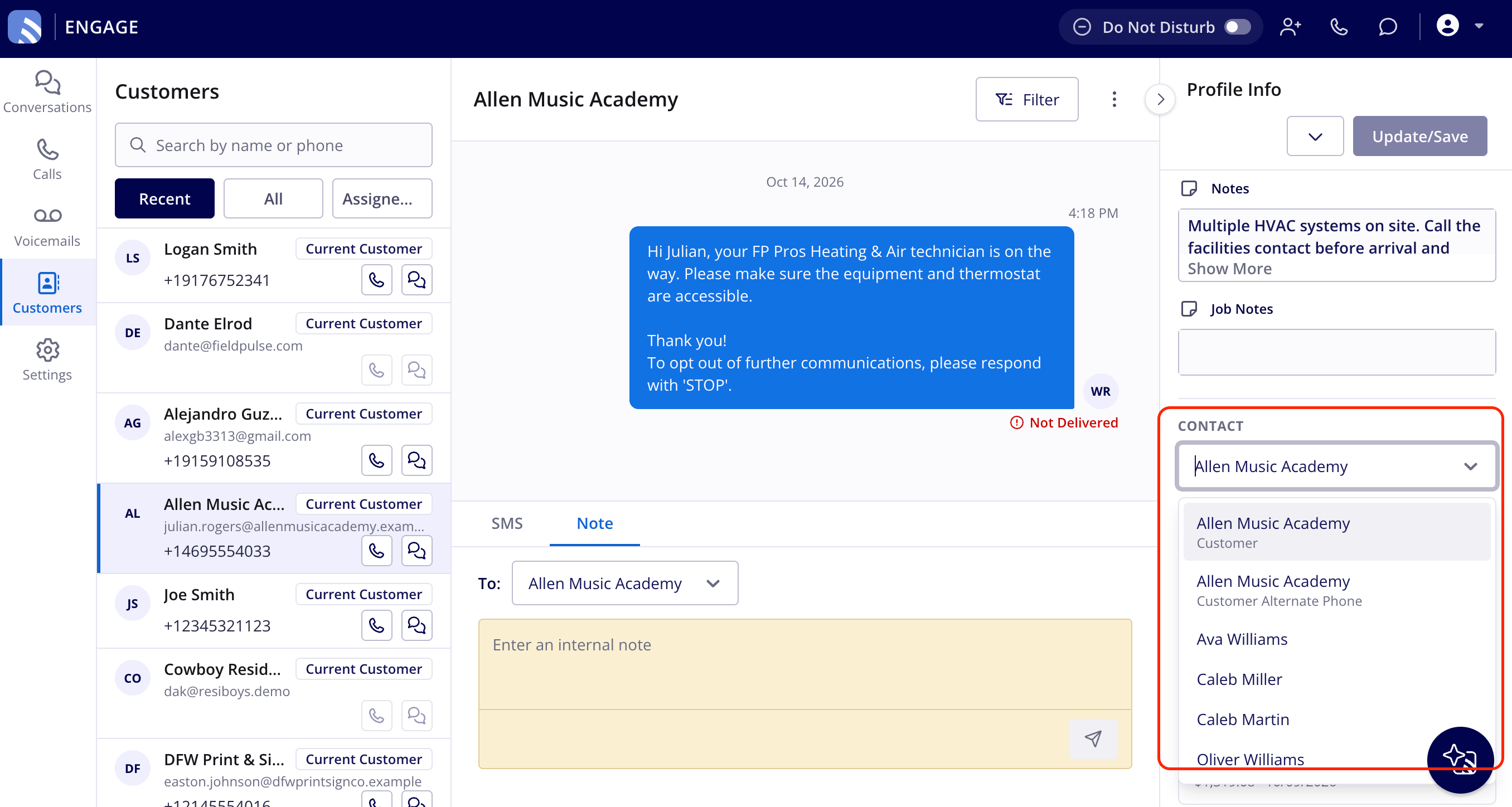 Engage conversation with the Contact dropdown open in the Profile Info panel, listing the customer's primary phone, the Customer Alternate Phone entry, and the customer's additional contacts