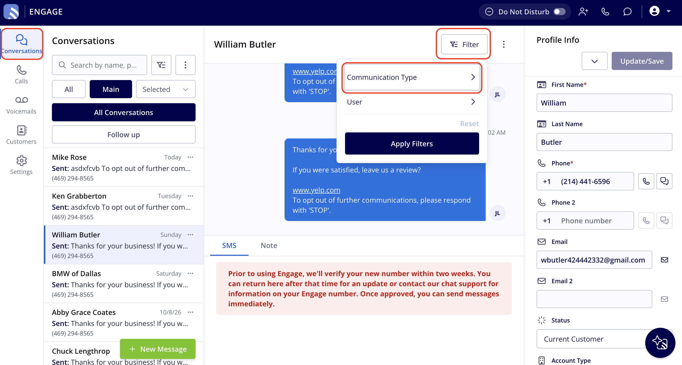 The Filter menu open in an Engage conversation with Communication Type highlighted, and the customer's email address shown in the Profile Info panel