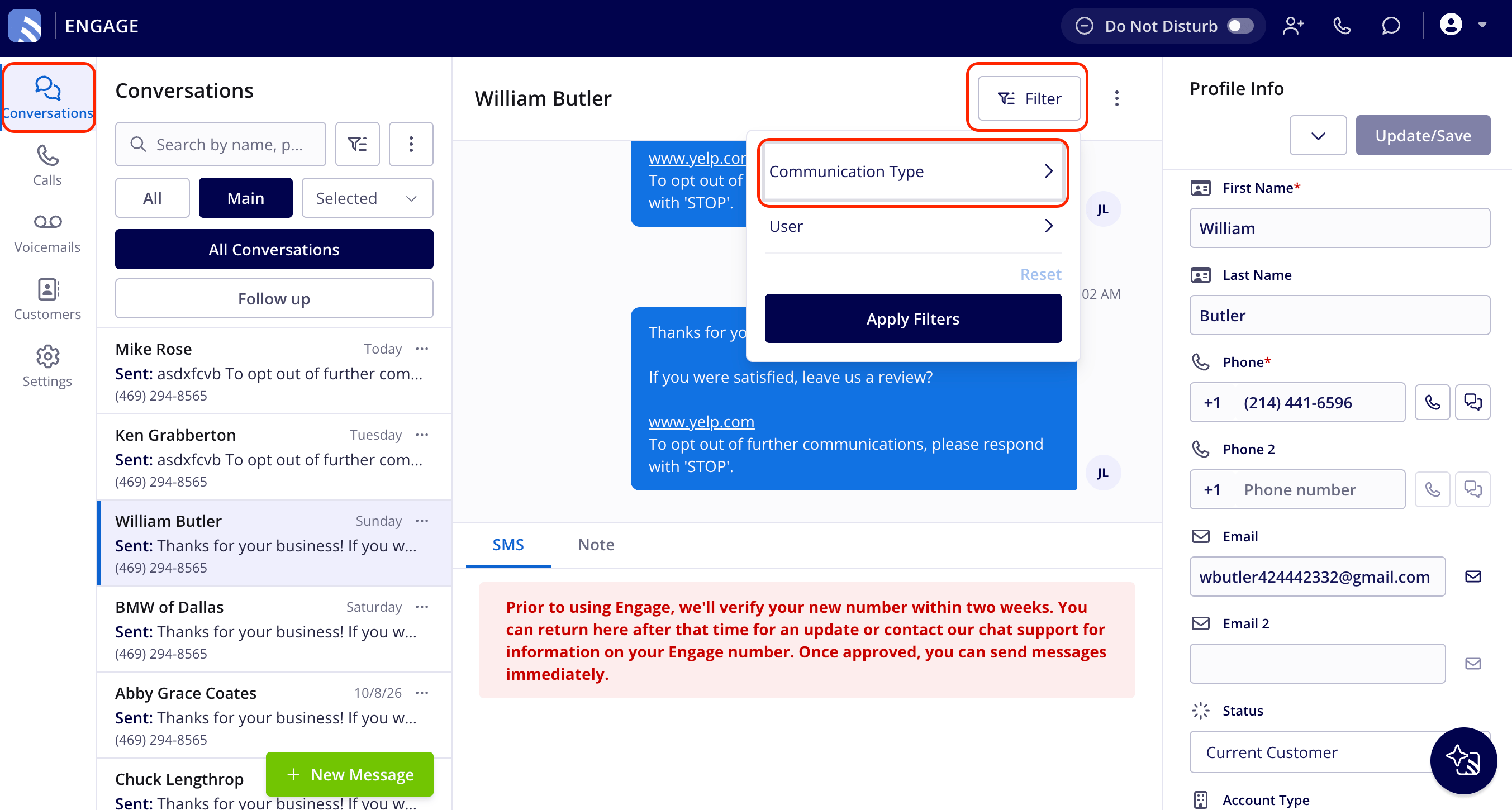 The Filter menu open in an Engage conversation with Communication Type highlighted, and the customer's email address shown in the Profile Info panel