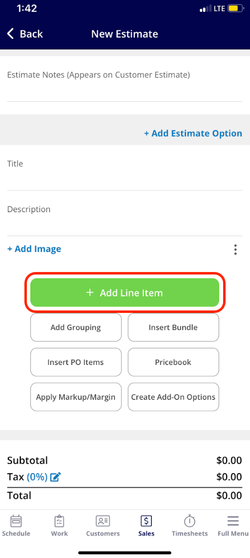 Estimate draft on mobile with green Add Line Item button