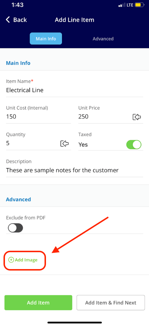 Line item detail on mobile showing the Add Image button