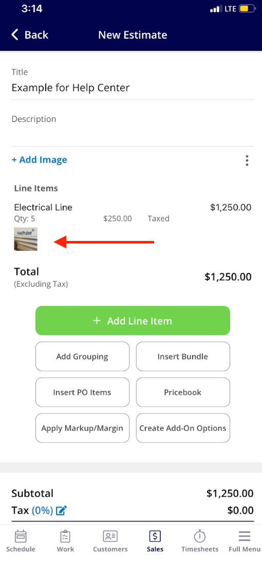Line item on mobile showing the uploaded image
