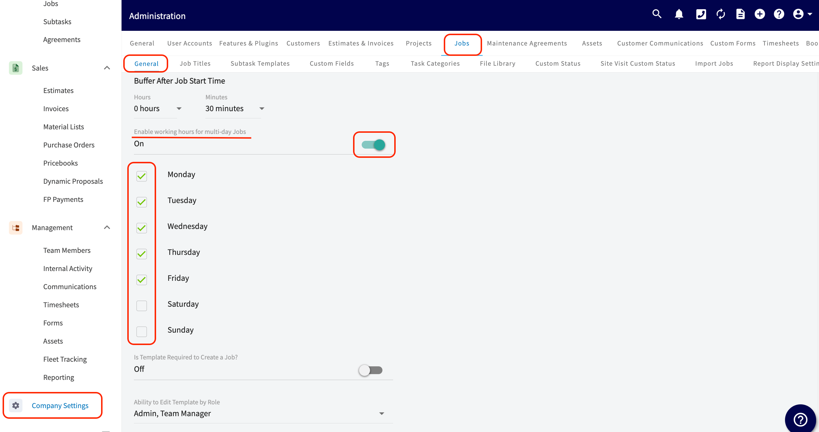 The General subtab of the Jobs tab in Company Settings, with Enable working hours for multi-day Jobs switched On and the Monday through Friday checkboxes selected while Saturday and Sunday are cleared