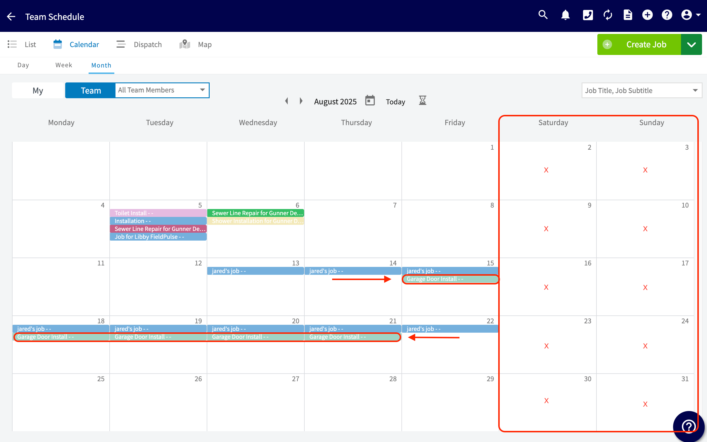 The Calendar month view of the Team Schedule for August 2025, with Garage Door Install listed on Friday the 15th and again Monday through Thursday the 18th to the 21st, and the Saturday and Sunday columns marked as skipped days