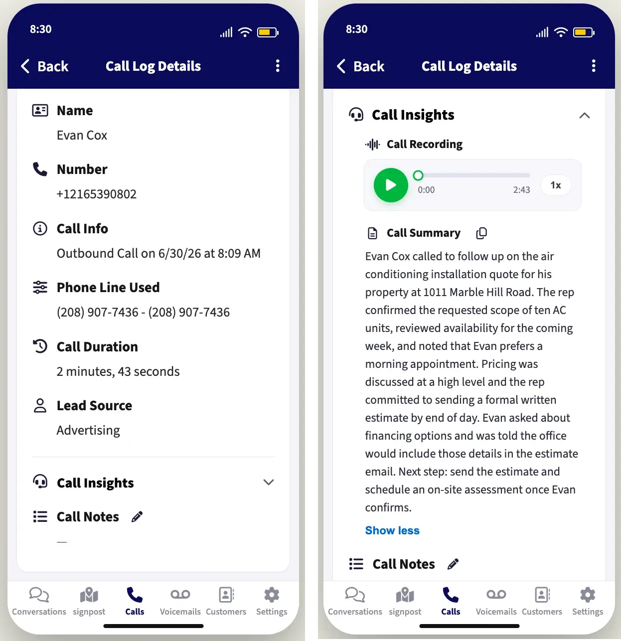 The mobile Call Log Details screen with the Call Insights section expanded, showing the call recording player and the truncated Call Summary with a Show more link
