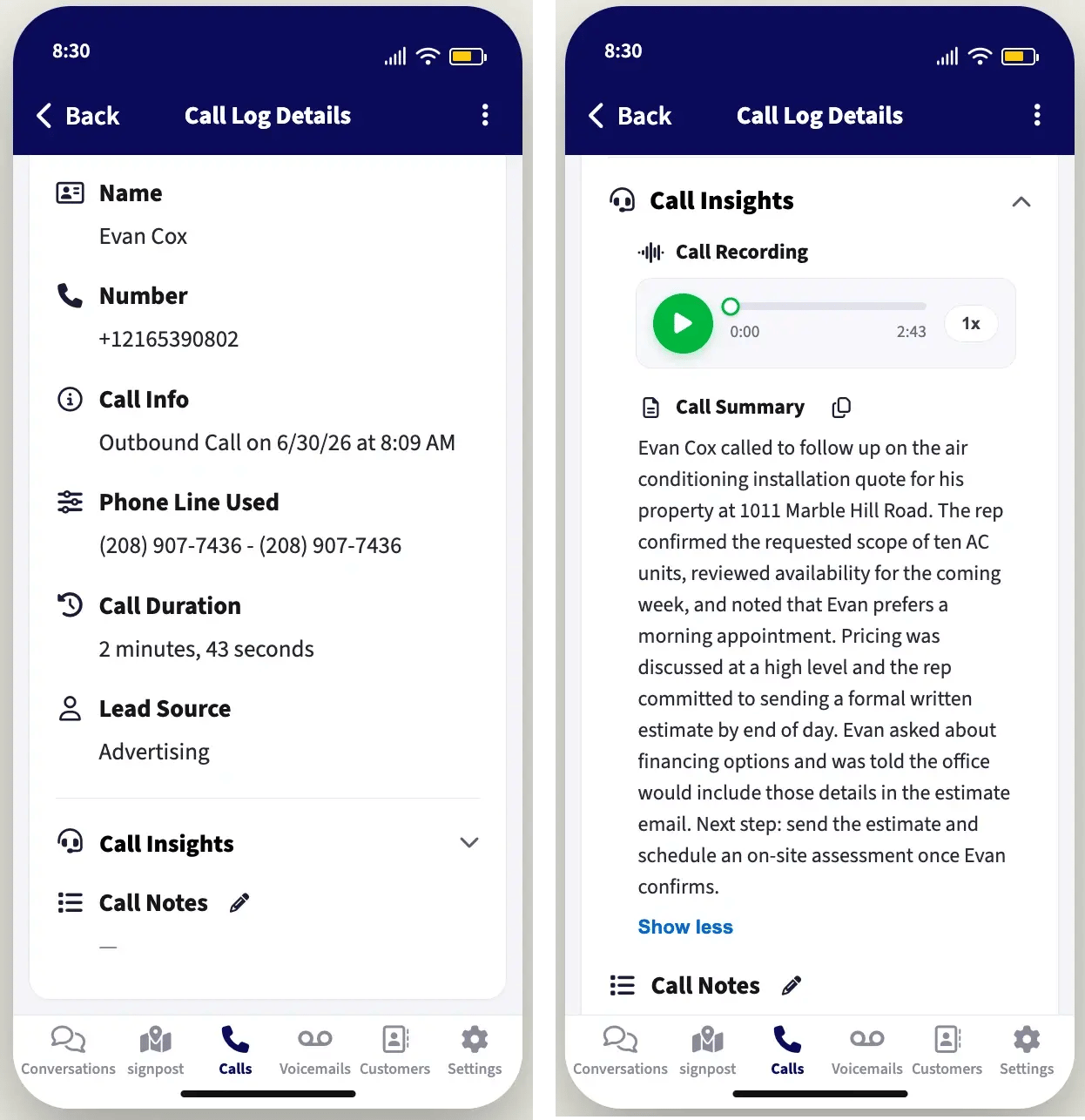 The mobile Call Log Details screen with the Call Insights section expanded, showing the call recording player and the truncated Call Summary with a Show more link