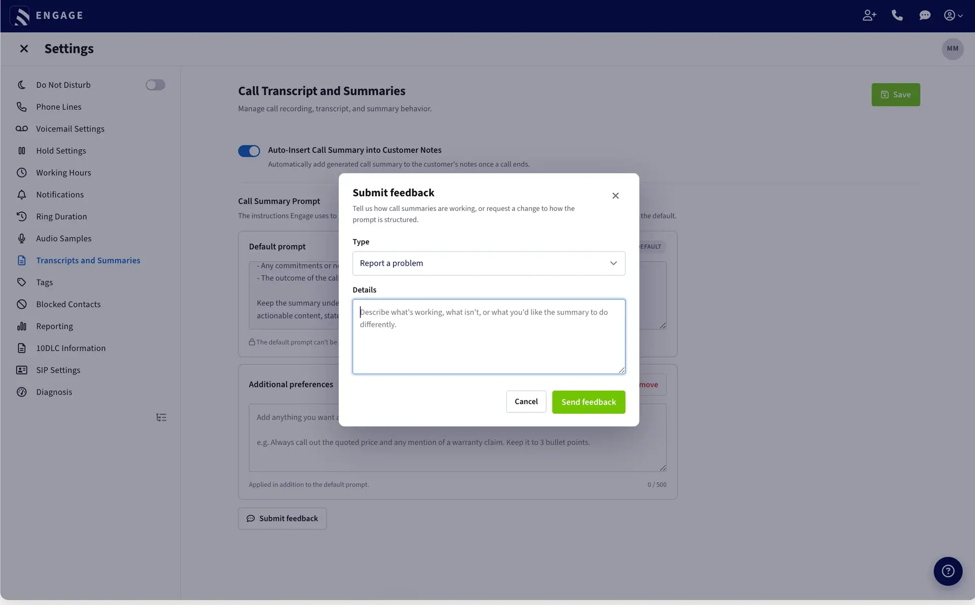 The Submit feedback modal, with a Type dropdown and a Details textarea