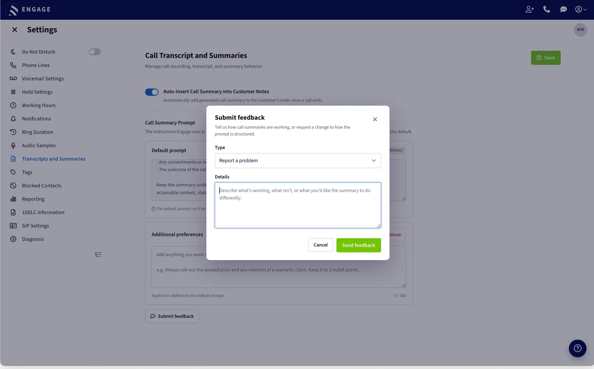 The Submit feedback modal, with a Type dropdown and a Details textarea