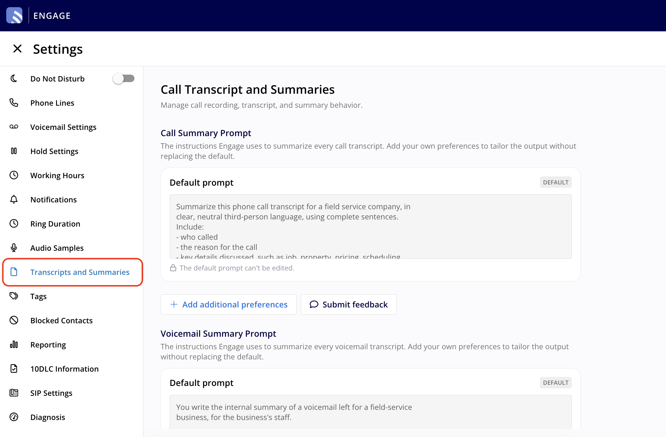 The Call Transcript and Summaries settings page, with the sidebar item highlighted, showing the Call Summary Prompt and the start of the Voicemail Summary Prompt