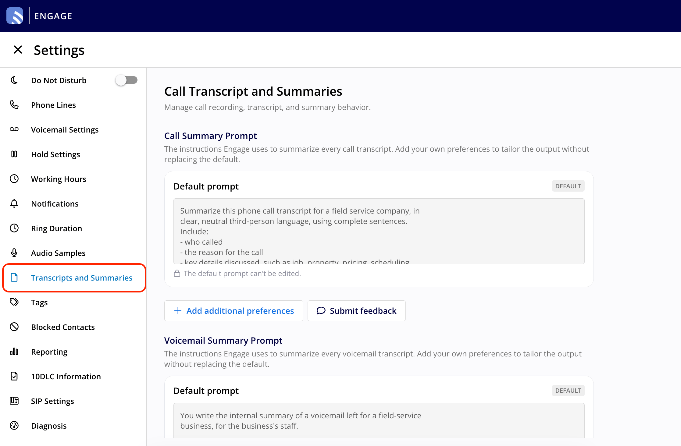 The Call Transcript and Summaries settings page, with the sidebar item highlighted, showing the Call Summary Prompt and the start of the Voicemail Summary Prompt