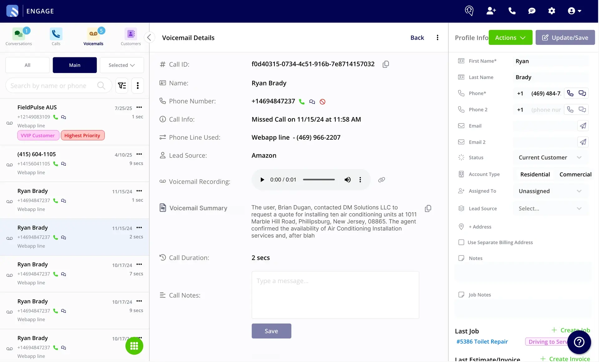 The Voicemail Details page showing the Voicemail Recording player and the Voicemail Summary field below it