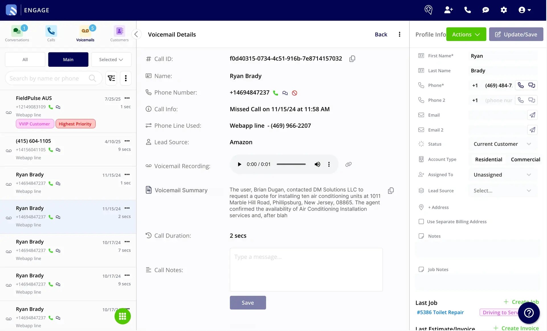 The Voicemail Details page showing the Voicemail Recording player and the Voicemail Summary field below it