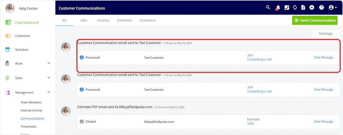 Click on Customer Communication email sent to Test Customer ¬ 1:44 pm on May 24, 2024…