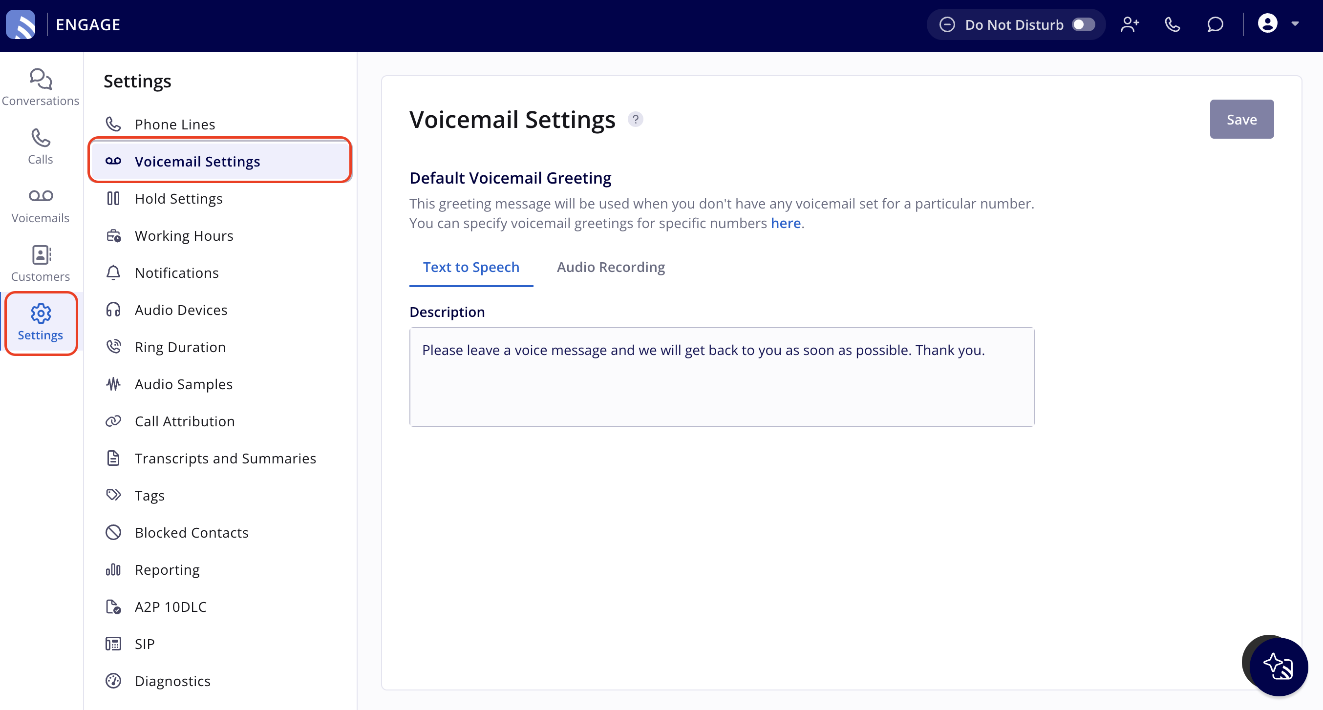 Settings selected in the Engage left navigation bar and Voicemail Settings selected in the Settings menu, showing the Default Voicemail Greeting section with the Text to Speech and Audio Recording tabs, the Description box, and Save