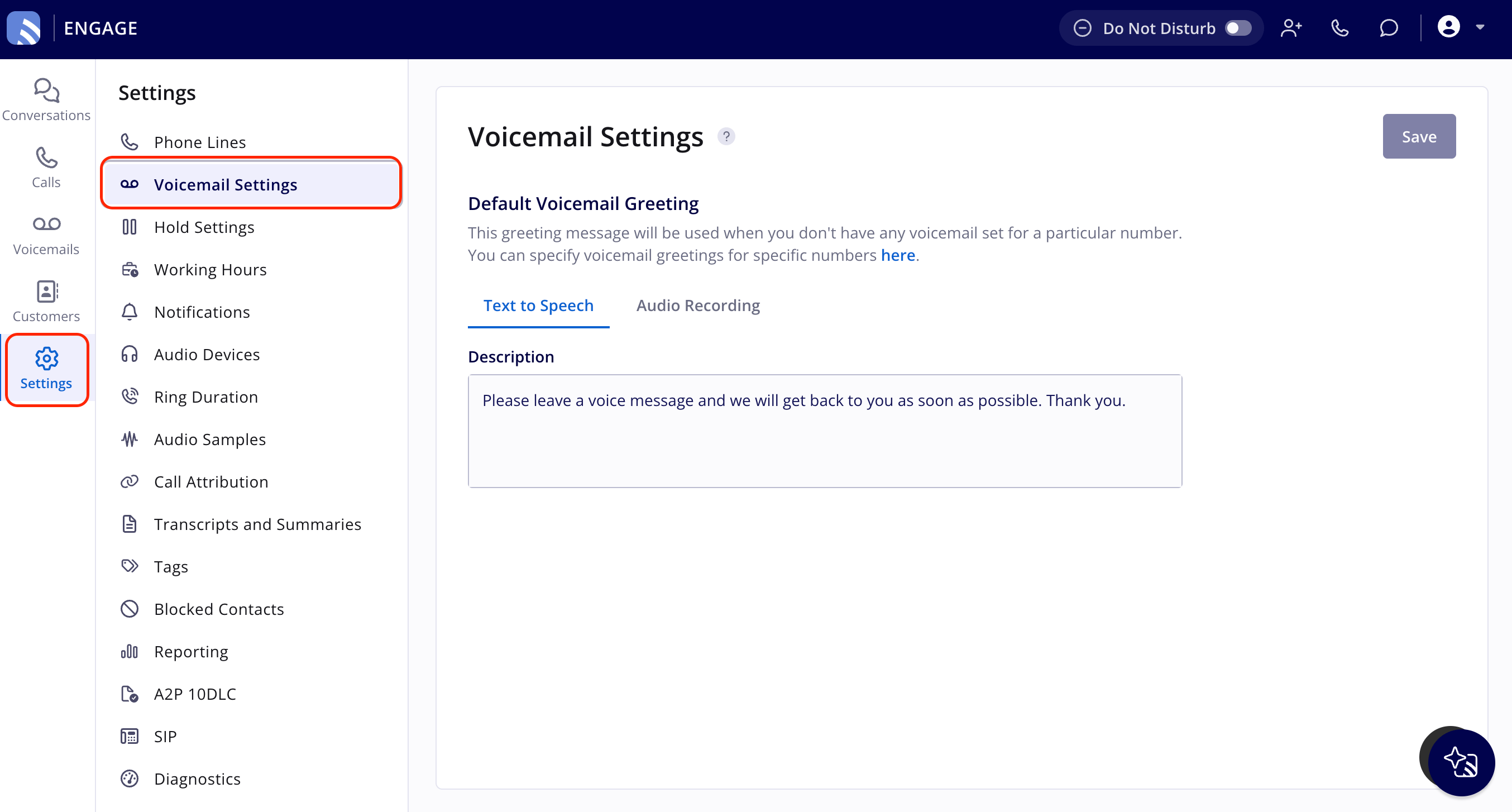 Settings selected in the Engage left navigation bar and Voicemail Settings selected in the Settings menu, showing the Default Voicemail Greeting section with the Text to Speech and Audio Recording tabs, the Description box, and Save