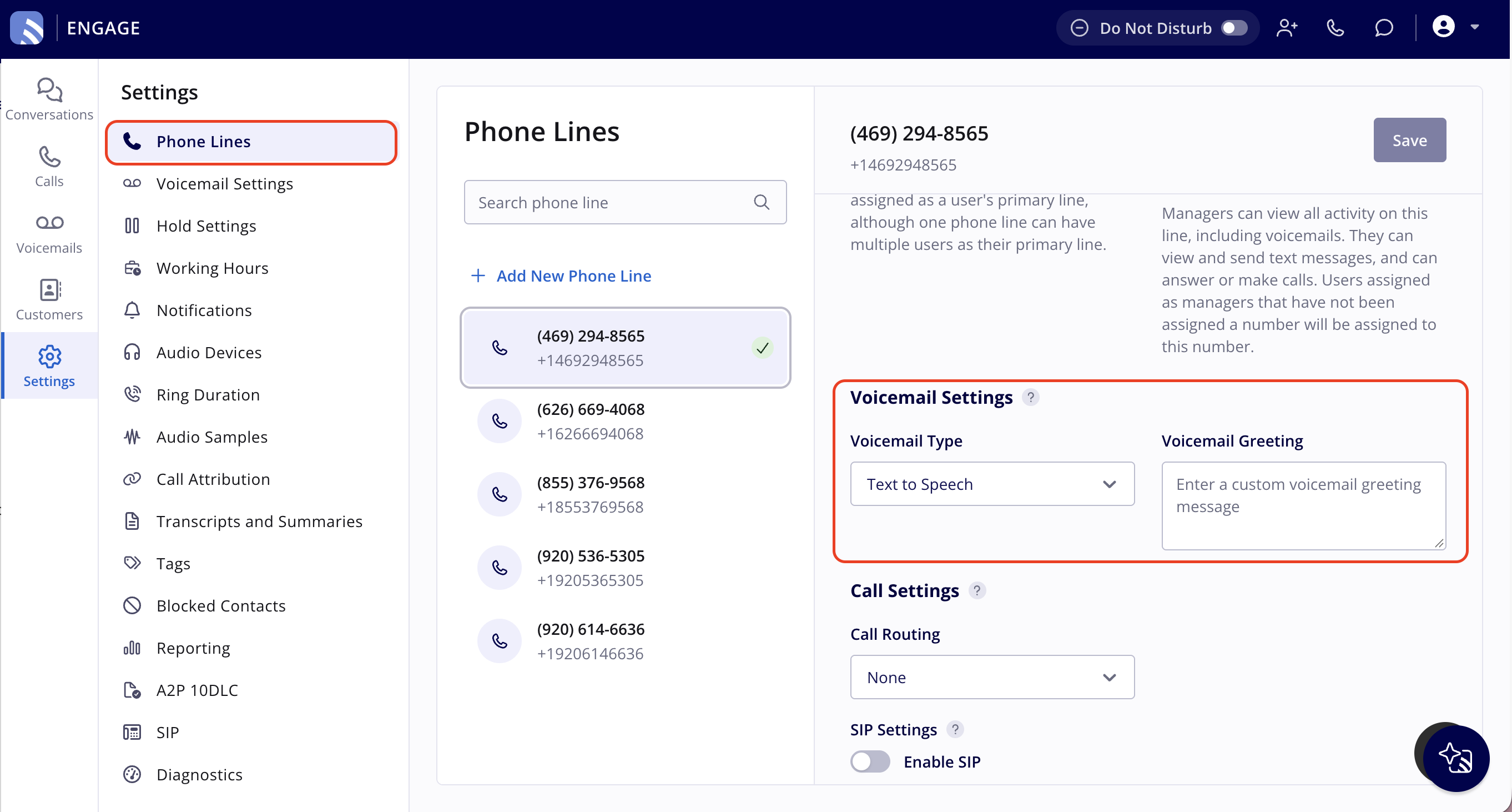 Phone Lines selected in the Engage Settings menu with one phone line selected, showing its Voicemail Settings section with the Voicemail Type dropdown set to Text to Speech and the Voicemail Greeting box