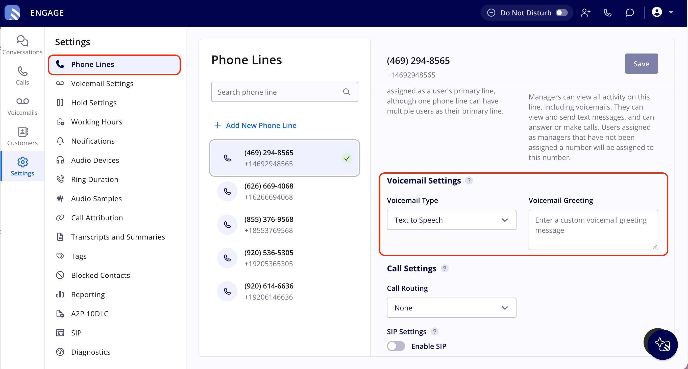 Phone Lines selected in the Engage Settings menu with one phone line selected, showing its Voicemail Settings section with the Voicemail Type dropdown set to Text to Speech and the Voicemail Greeting box