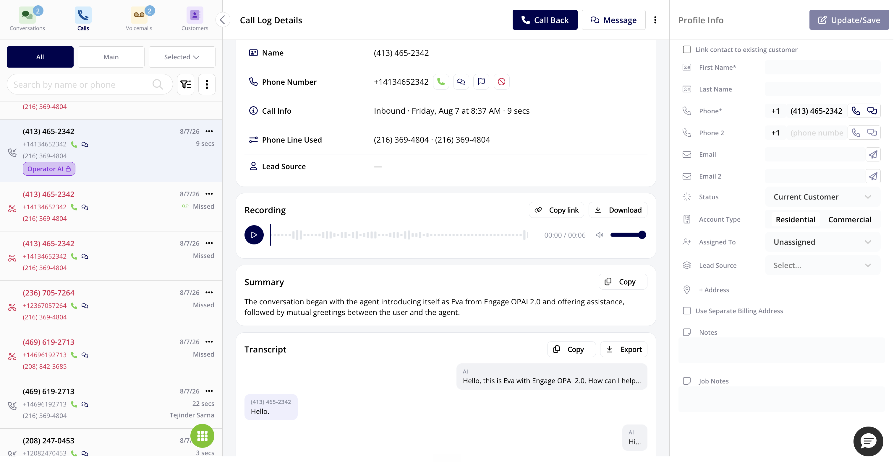 The Recording, Summary, and Transcript sections on the web Call Log Details page, showing the recording player, the AI-generated call summary with a Copy button, and the turn-by-turn transcript with Copy and Export buttons