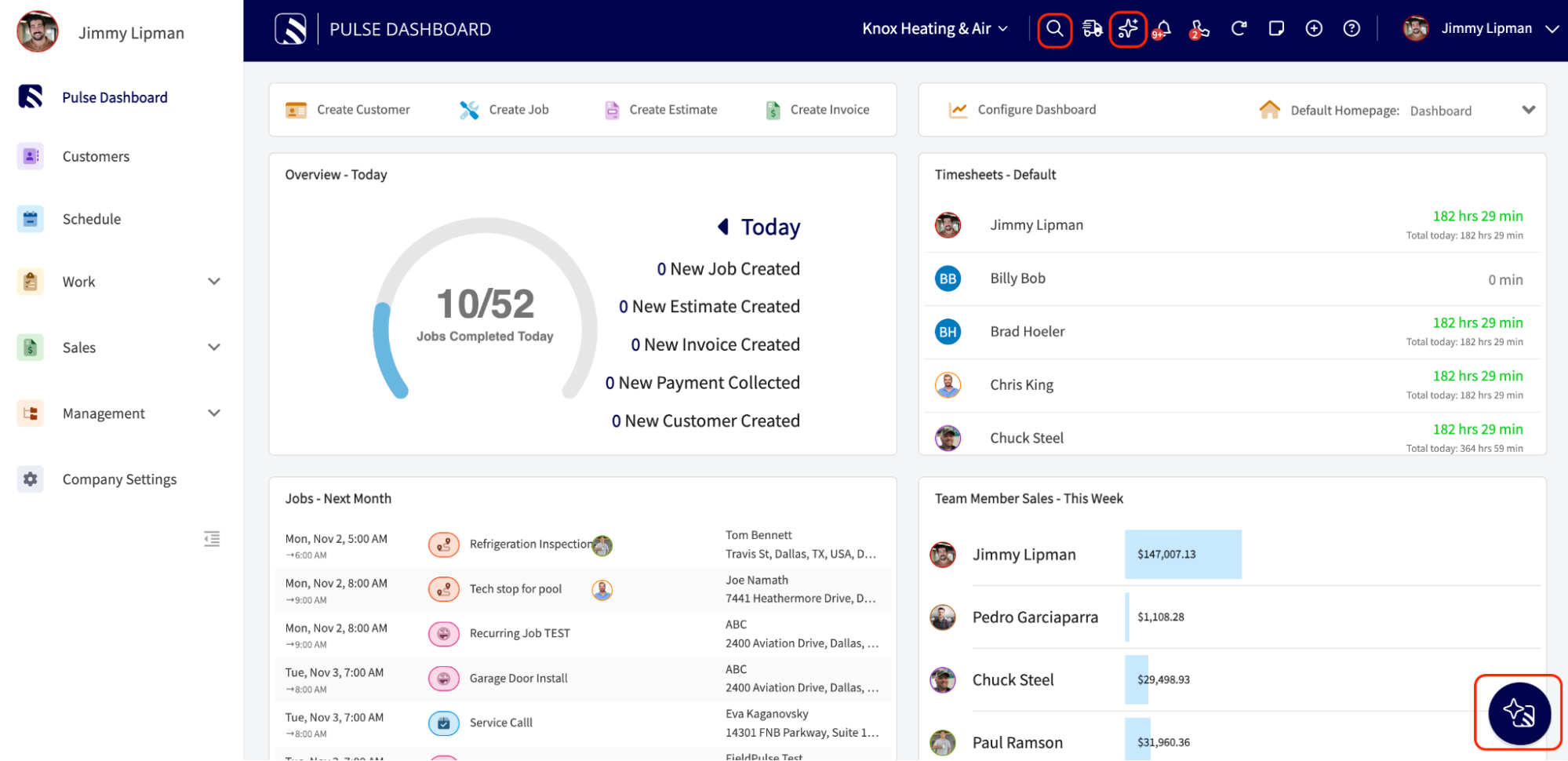 The Pulse Dashboard in the FieldPulse Webapp with the top-bar search icon, the top-bar sparkle icon, and the Maverick button in the bottom-right corner highlighted