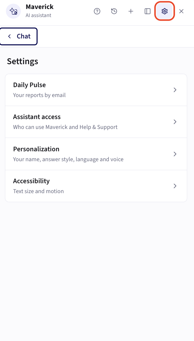 The Maverick panel's Settings screen, opened from the gear icon, listing Daily Pulse, Assistant access, Personalization, and Accessibility
