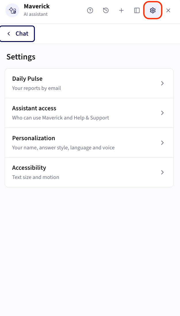 The Maverick panel's Settings screen, opened from the gear icon, listing Daily Pulse, Assistant access, Personalization, and Accessibility