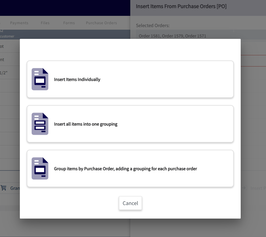 Purchase order search with item layout grouping options