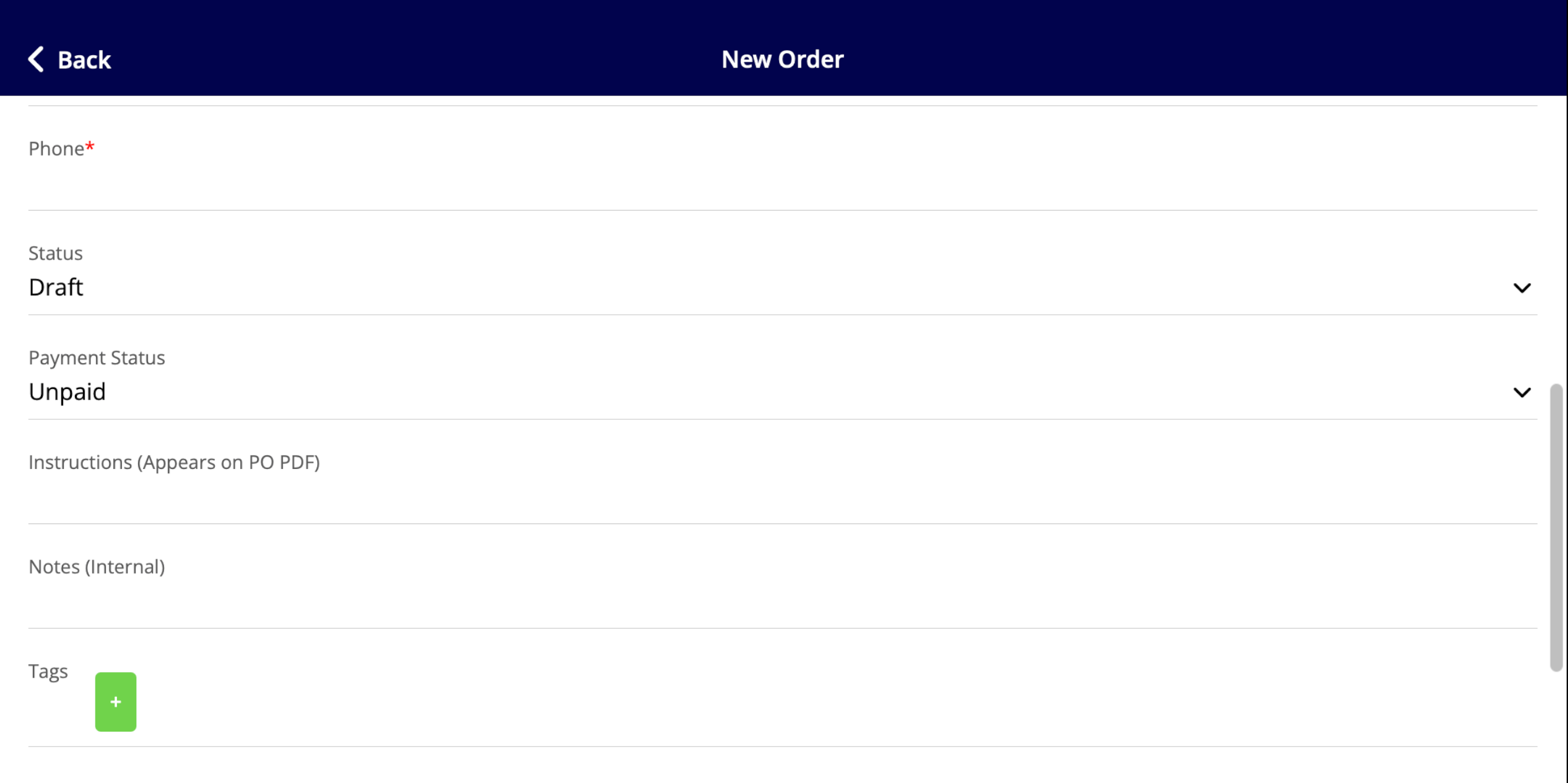 Purchase Orders list under the Sales tab with Create New button