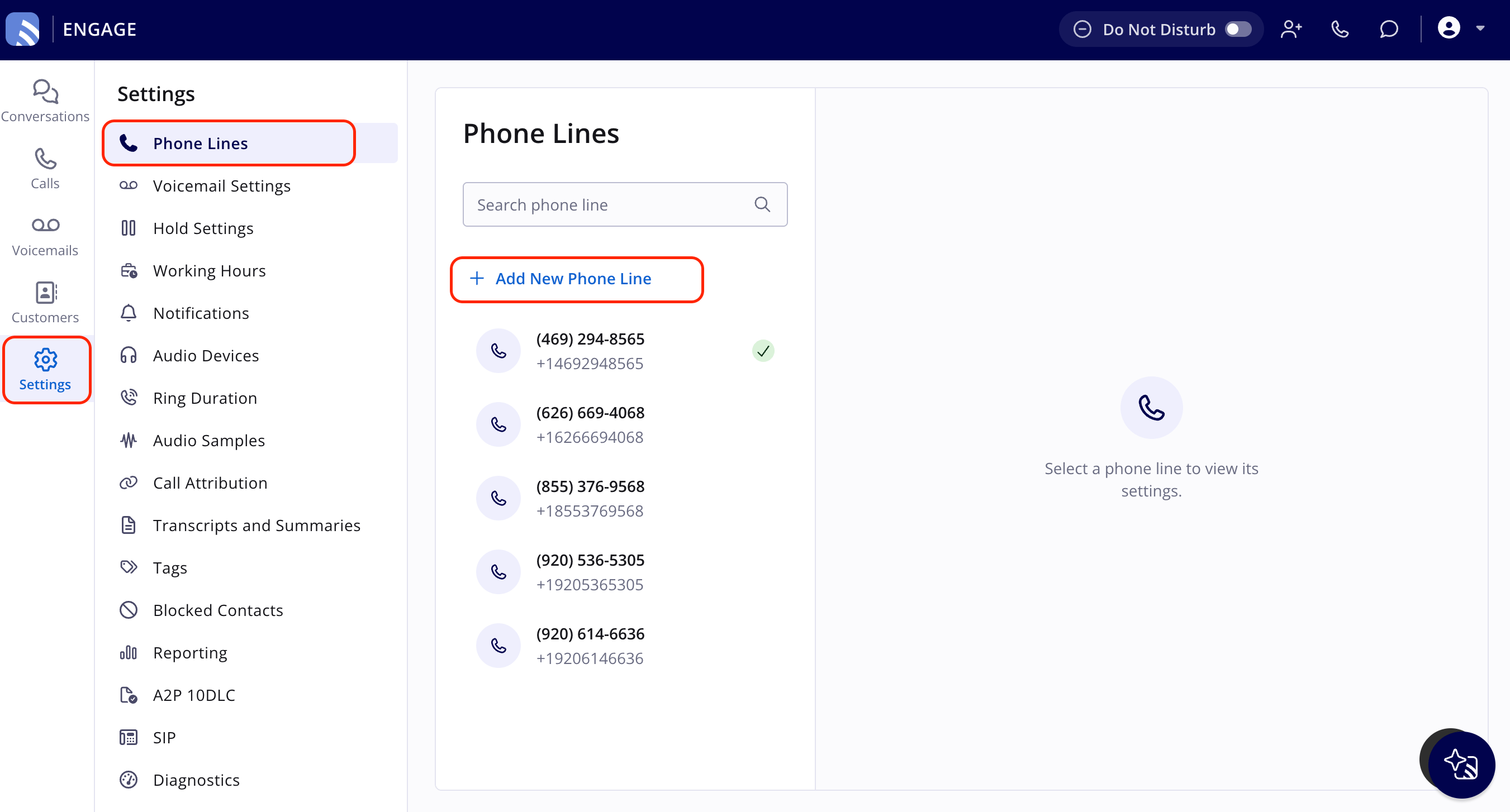Engage with Settings highlighted in the left navigation bar, Phone Lines highlighted in the Settings menu, and the Add New Phone Line button highlighted above the list of phone lines