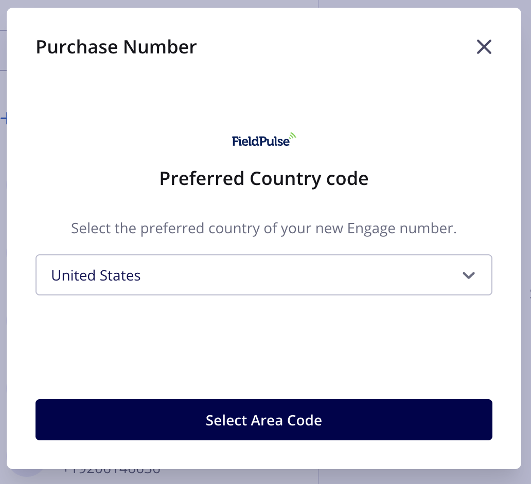 Purchase Number window on the Preferred Country code step, with the country set to United States above the Select Area Code button