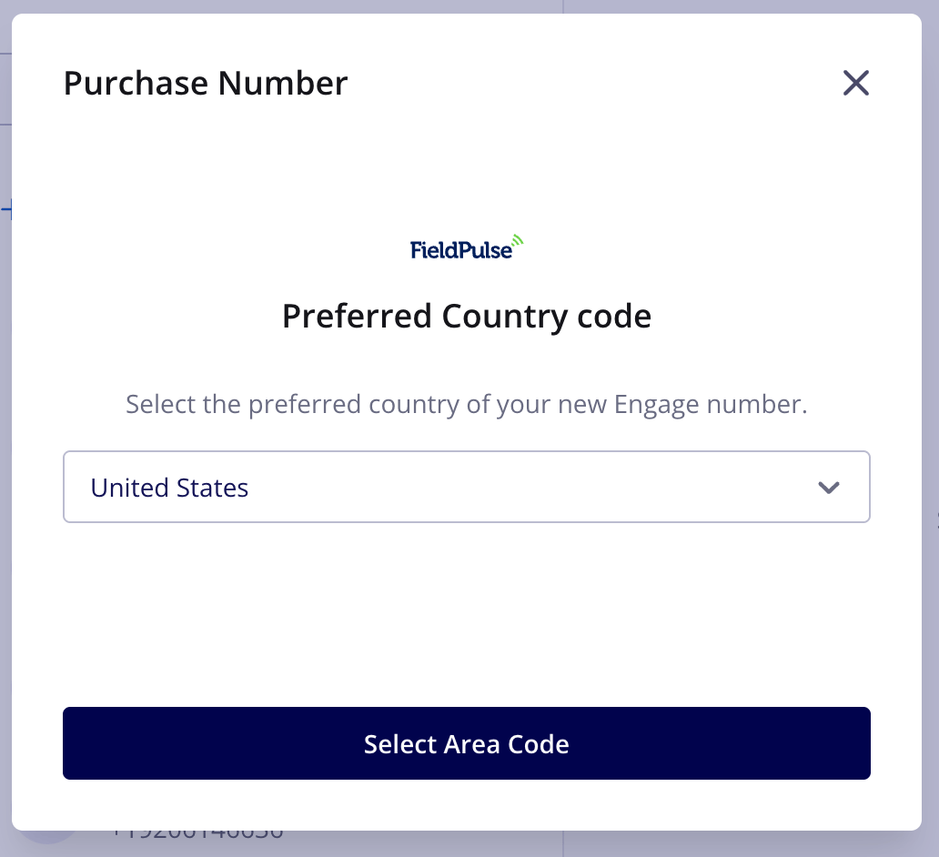 Purchase Number window on the Preferred Country code step, with the country set to United States above the Select Area Code button