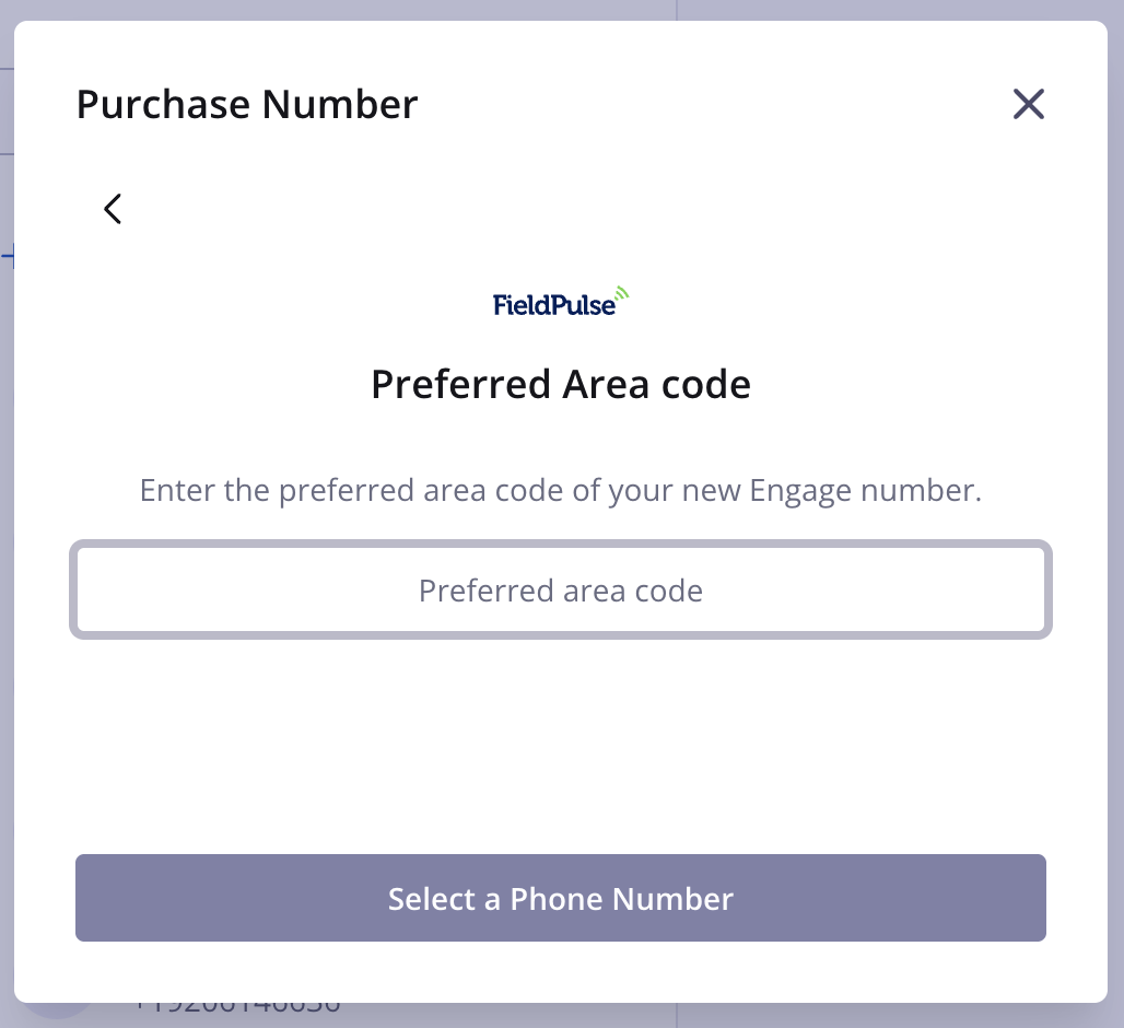 Purchase Number window on the Preferred Area code step, with the Preferred area code field above the Select a Phone Number button